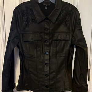WHBM Black Embroidered Womens coated denim Jacket